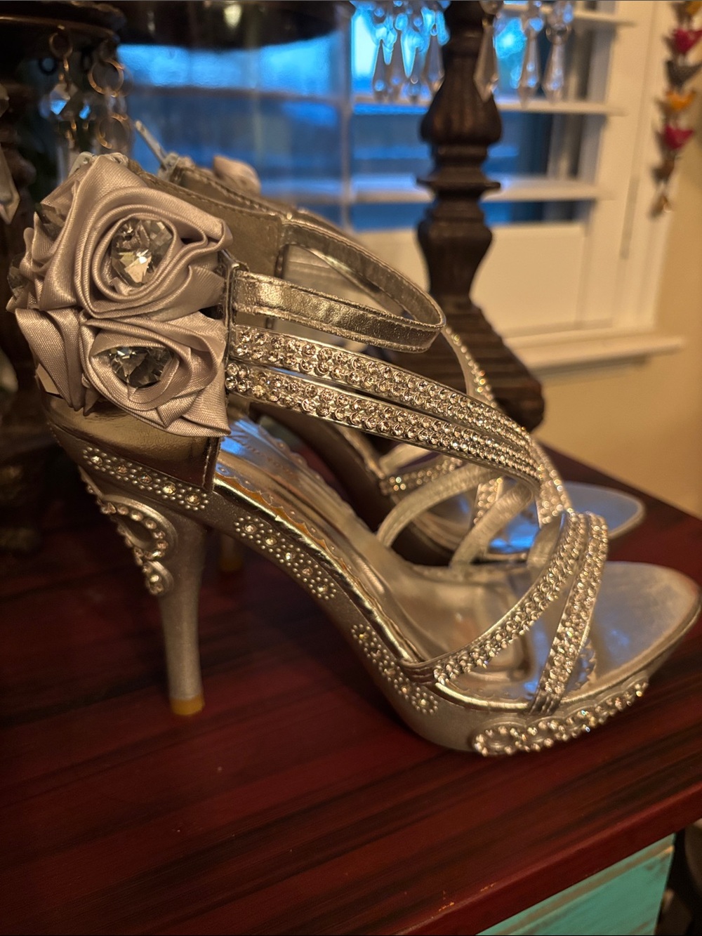 Glamour Silver Crystal-Strap Floral Accent High Heel Sandals